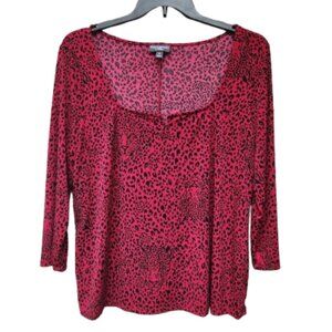 Bold Elements Plus Red Leopard Print Blouse Scoop Neck 3/4 Sleeves Stretch